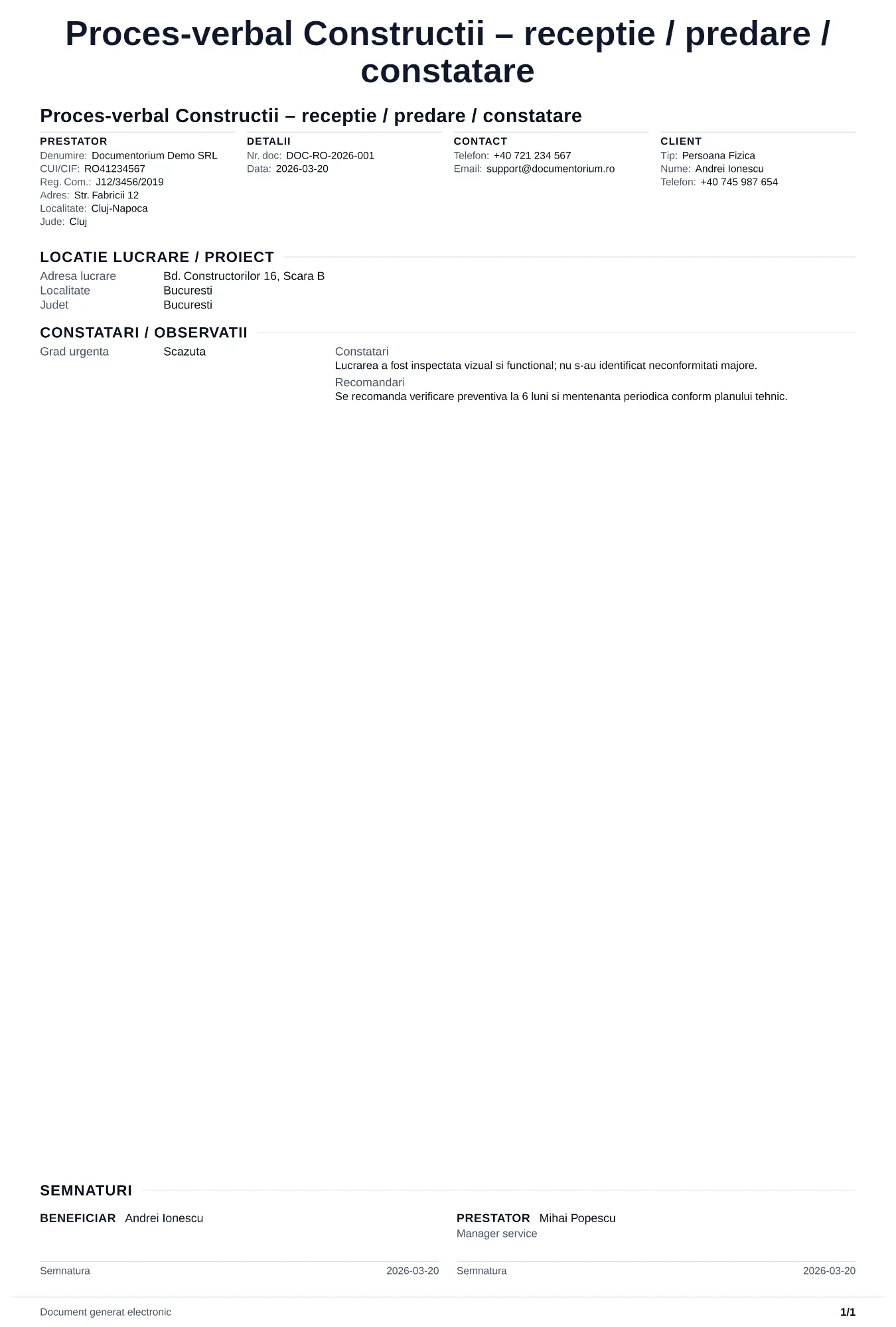 Previzualizare pentru Proces-verbal Construcții – recepție / predare / constatare