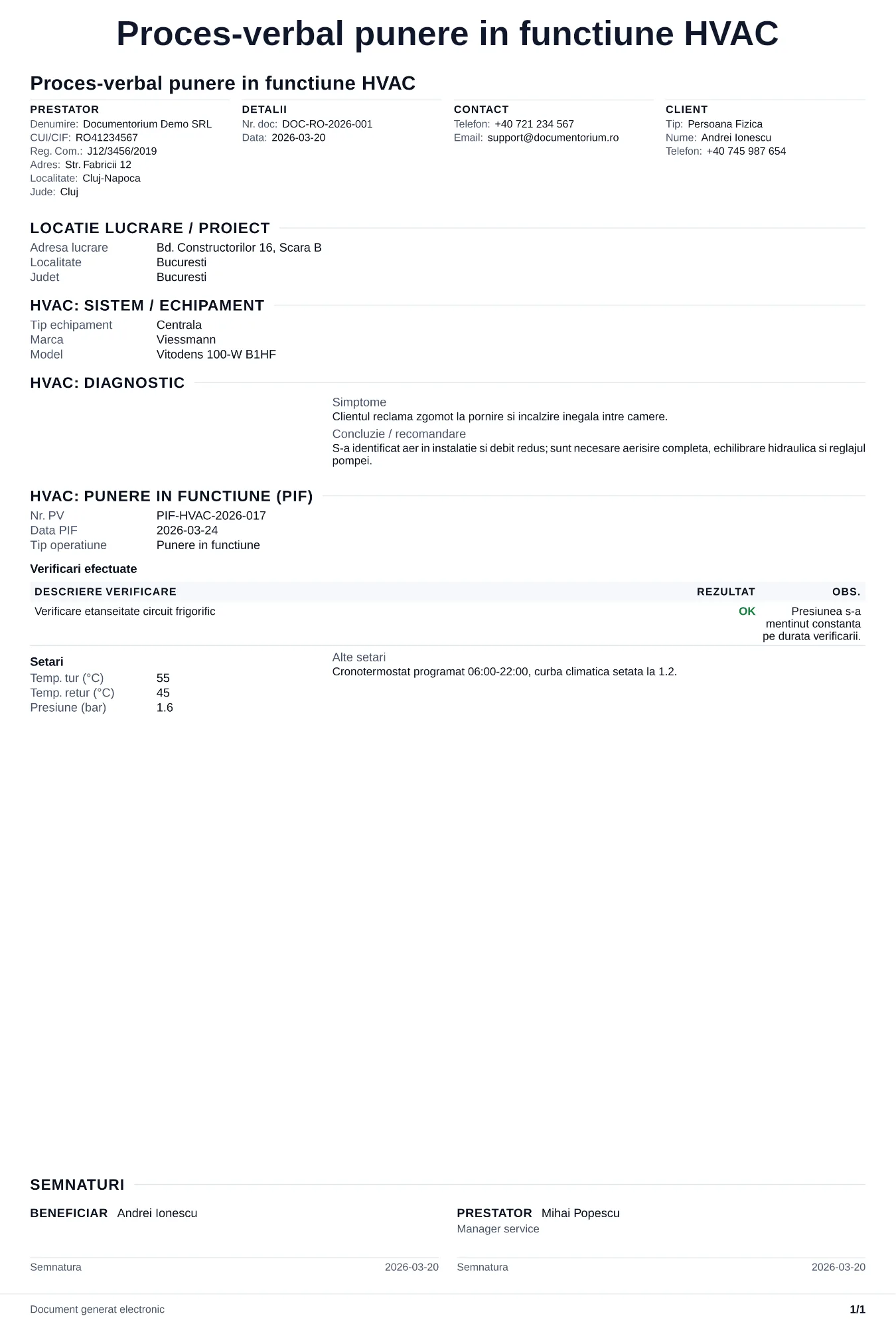 Previzualizare pentru Proces-verbal punere în funcțiune HVAC