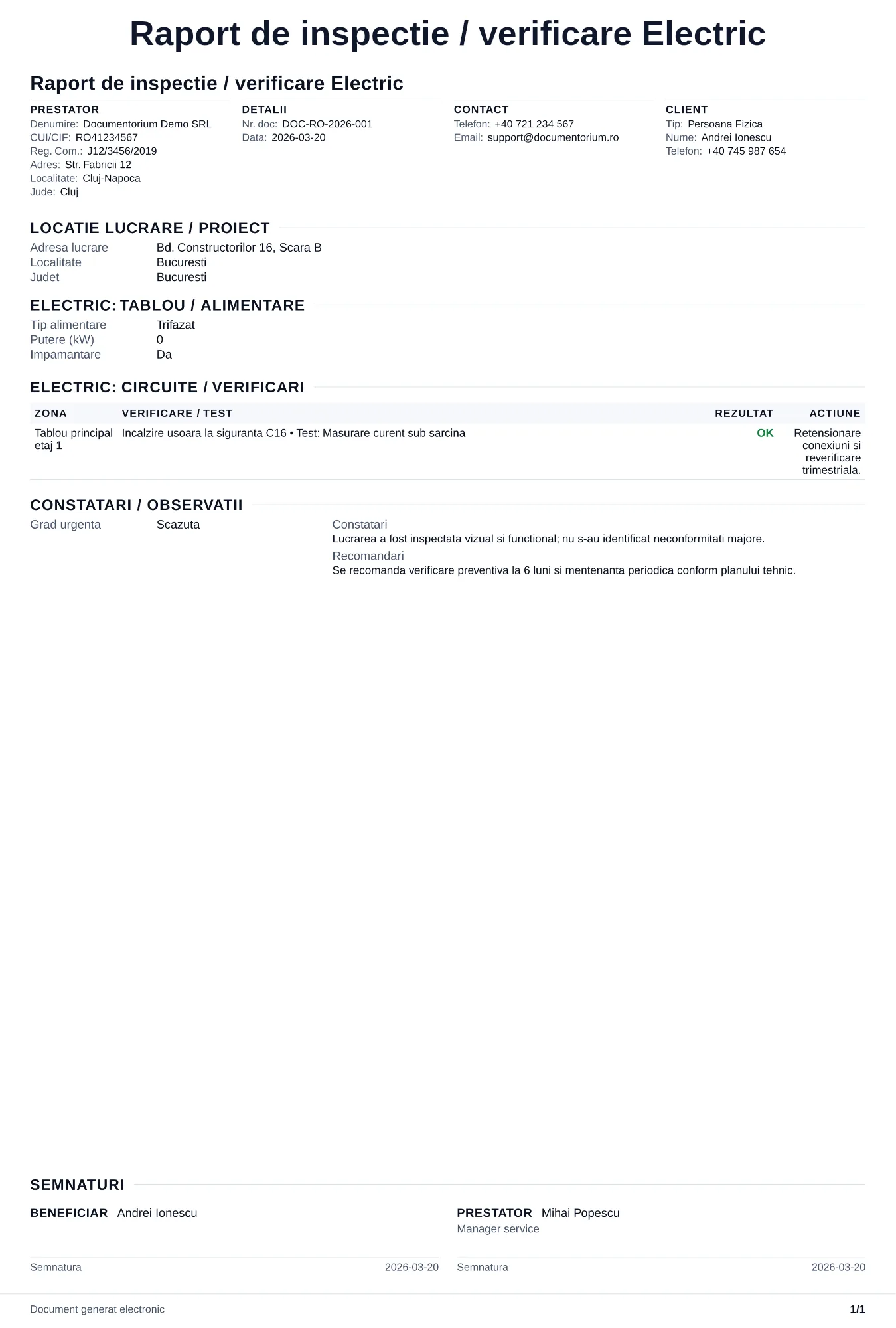 Previzualizare pentru Raport de inspecție / verificare Electric